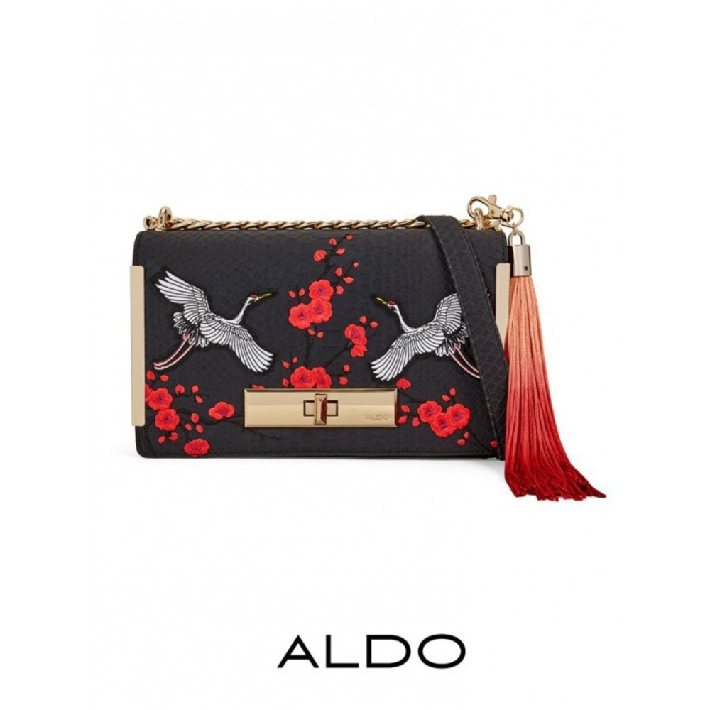 Aldo Bergantino Black Embroidered crane Japanese cherry blossom Bag NWT